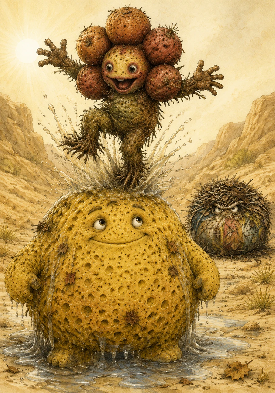The Explorer Flower is terribly parched and withered from marching under the hot valley sun, so he wastes no time jumping onto the soggy sponge like a trampoline. With a loud squish, his roots eagerly drink up all the trapped water and nutrients.