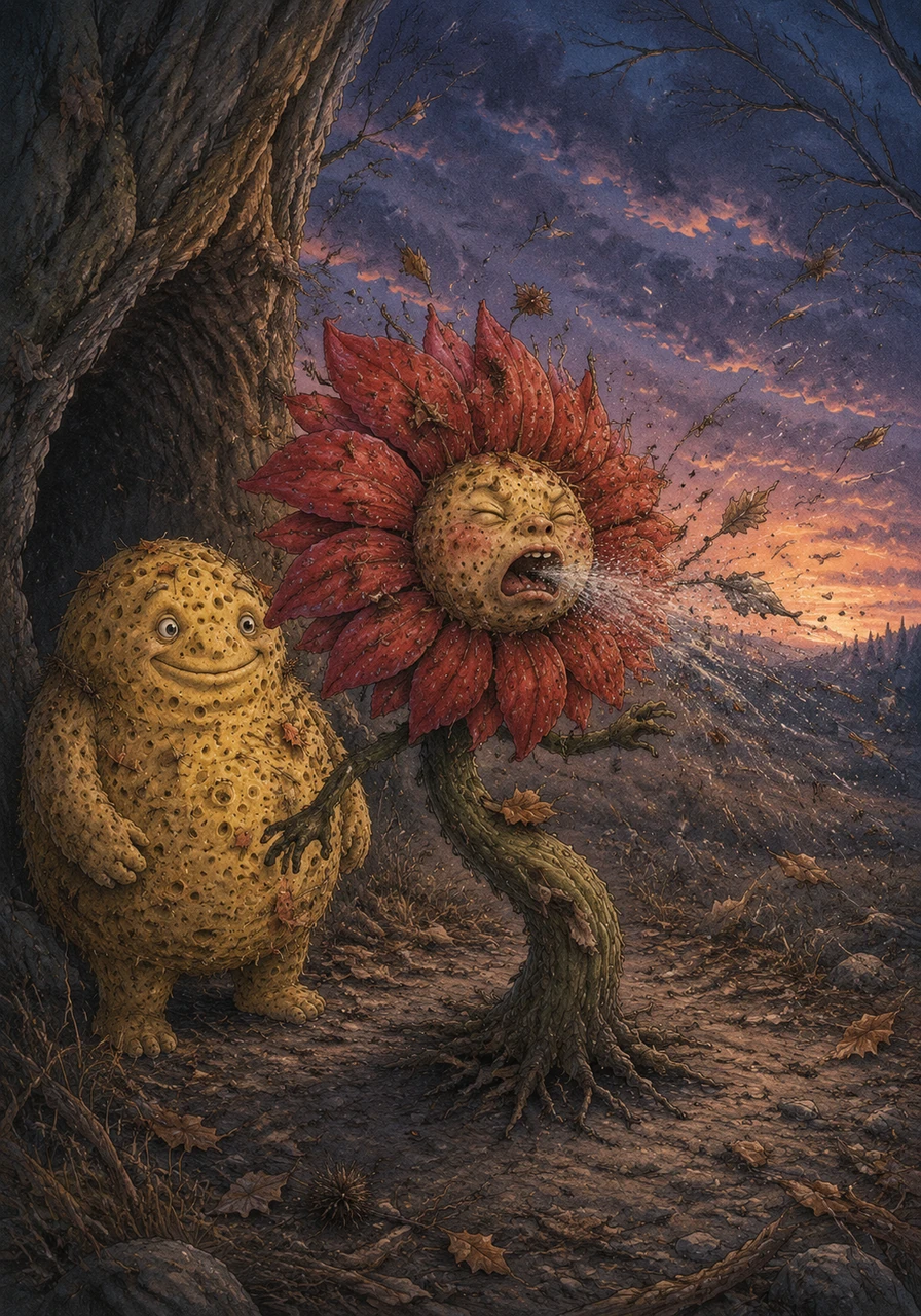The sponge instantly becomes light, dry, and fluffy again, while the Explorer Flower blooms into a brilliant, energetic red. Yet, the chilly evening wind makes the little flower sneeze violently, creating a desperate need for a warm shelter to protect his delicate stem.
