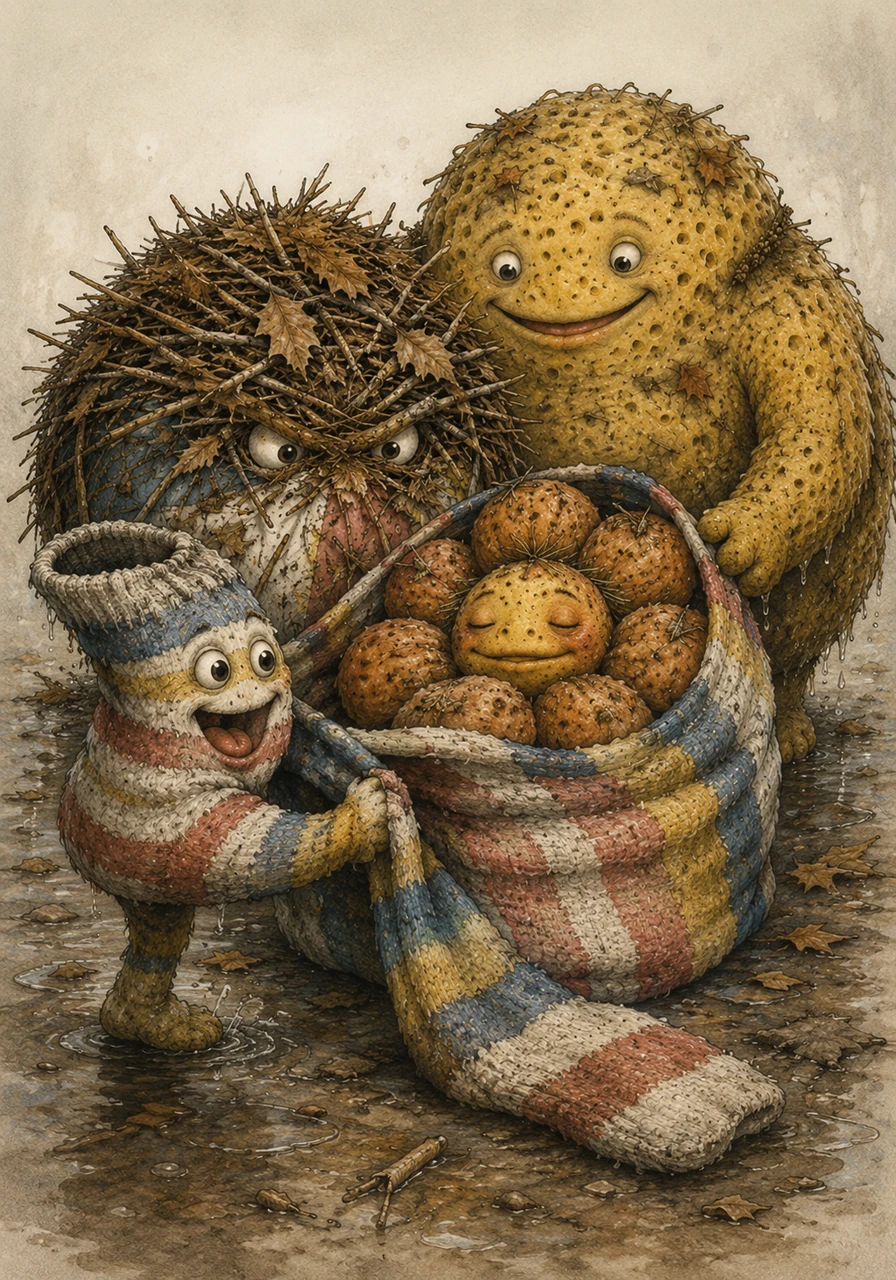 A lonely, colorful striped sock hops into view on one foot, longing for someone to keep warm after losing his mate in a washing machine long ago. The sock happily stretches over the shivering flower to create a cozy sleeping bag, completing a perfect chain of friendship where everyone finally finds where they belong.