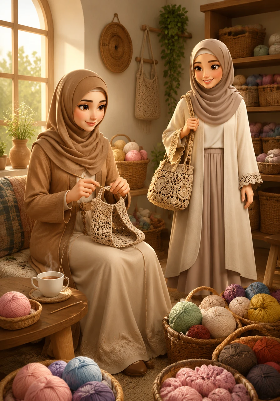 Amina sits in her sun-drenched workshop, surrounded by baskets of soft, colorful yarn that glow in the morning light. The atmosphere is warm and inviting, filled with the quiet promise of a new creation and the scent of fresh tea.