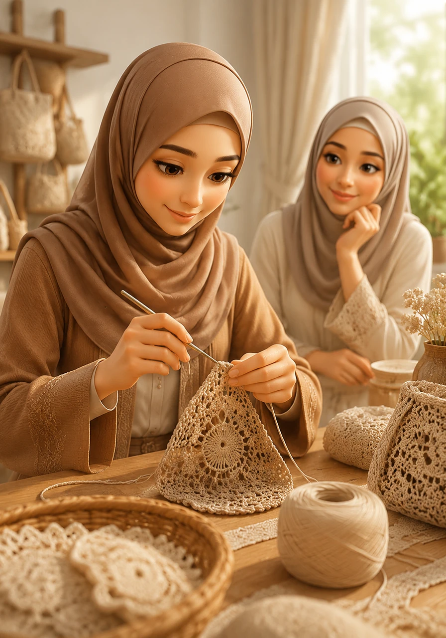 Her hands move with grace and precision, the metallic crochet hook dancing through loops of premium thread. Every stitch is a testament to her dedication and the artistic detail she pours into her craft, creating a rhythm of peace.