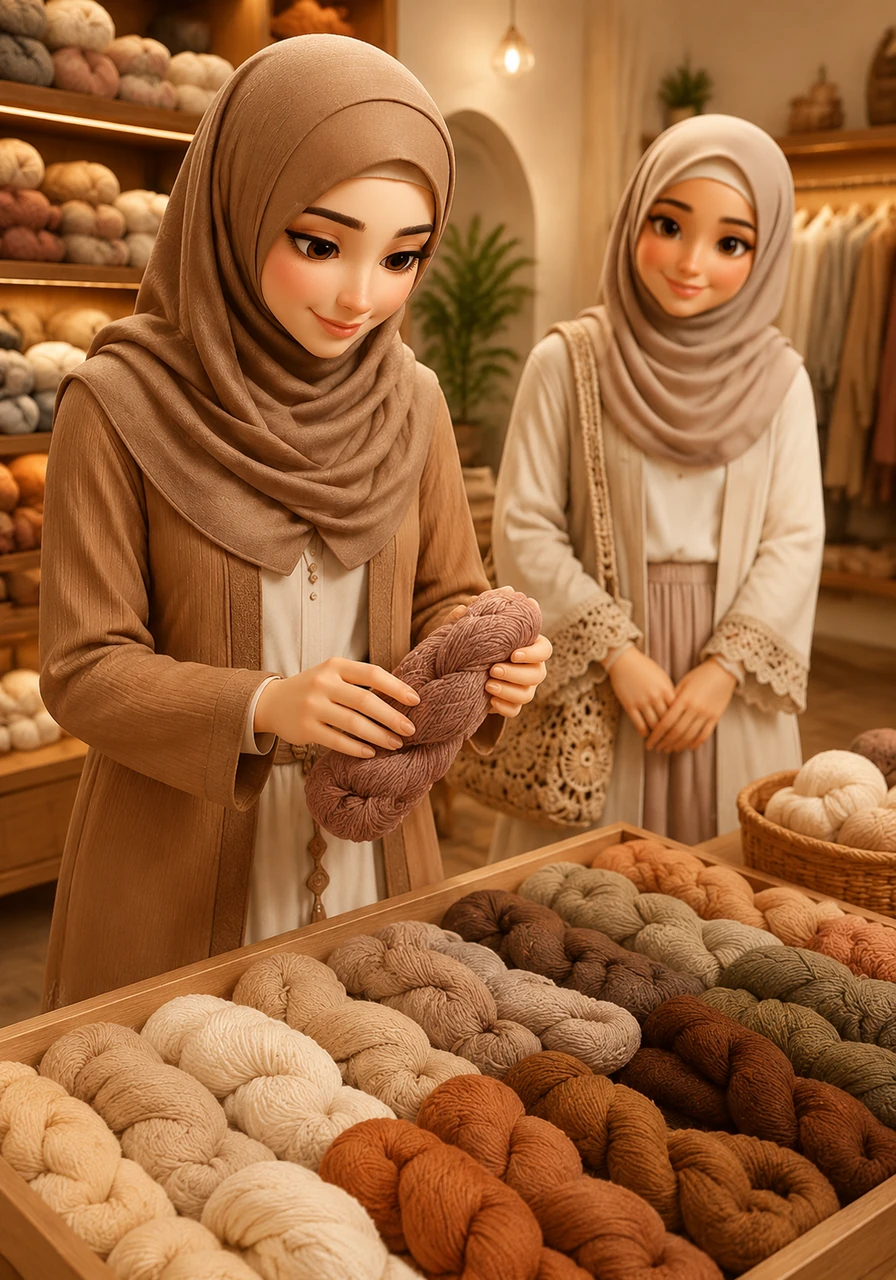 Amina carefully selects a palette of earth-toned yarns, feeling the rich texture between her fingers to ensure the highest quality. She chooses only the finest materials, blending natural hues with a touch of luxury for her upcoming collection.