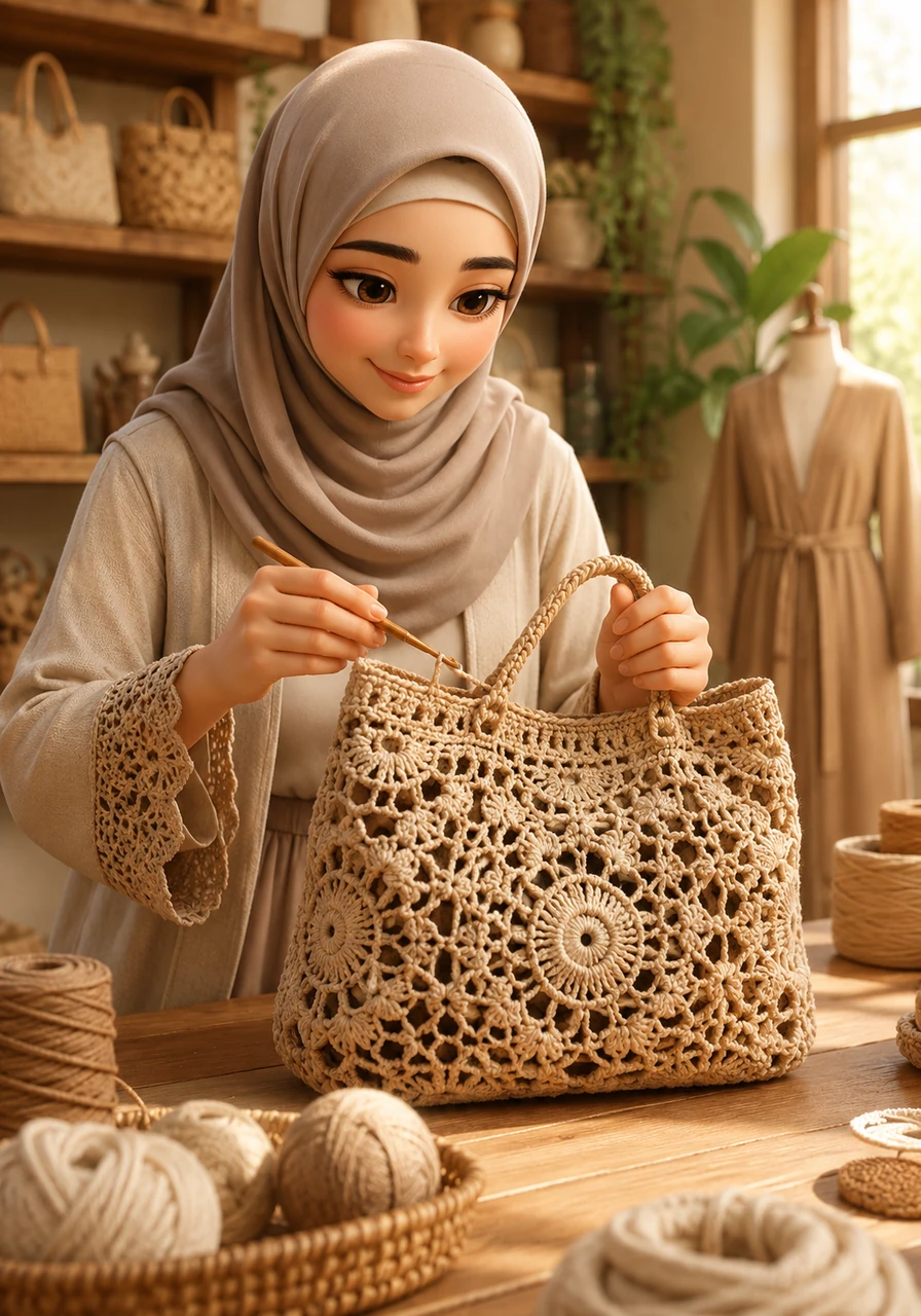 An elegant crochet bag begins to take shape on her wooden table, revealing a complex and beautiful pattern. A close-up shot captures the incredible detail of the weave, highlighting the premium quality and the strength of the handmade work.