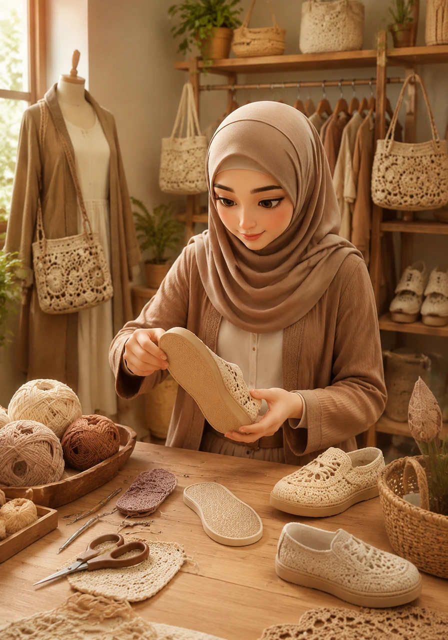Moving to a different corner of her workshop, Amina focuses on crafting a pair of modern, stylish crochet shoes. She meticulously attaches the soft soles and checks every stitch, ensuring that comfort and durability are perfectly woven into the design.