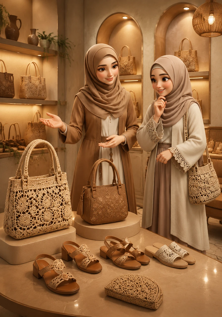 The workshop is now a gallery of finished treasures, from sophisticated handbags to chic sandals that reflect a blend of tradition and modern style. The soft cinematic lighting emphasizes the feminine and premium feel of the entire collection.