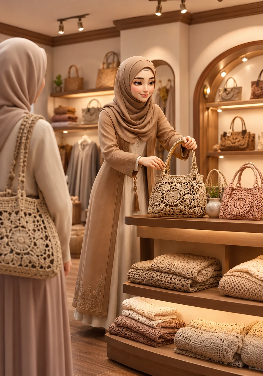 Amina steps into her boutique, Tri.Crochet, an aesthetic space where every shelf tells a story of patience and skill. She carefully arranges her latest masterpieces under warm spotlights, creating a display that is both welcoming and high-end.