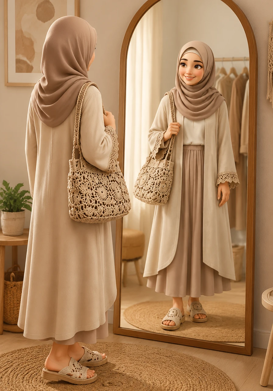 The customer admires herself in the mirror while wearing a pair of stylish crochet sandals and carrying a matching bag. The premium craftsmanship of Tri.Crochet enhances her natural grace, making her feel confident and uniquely beautiful.