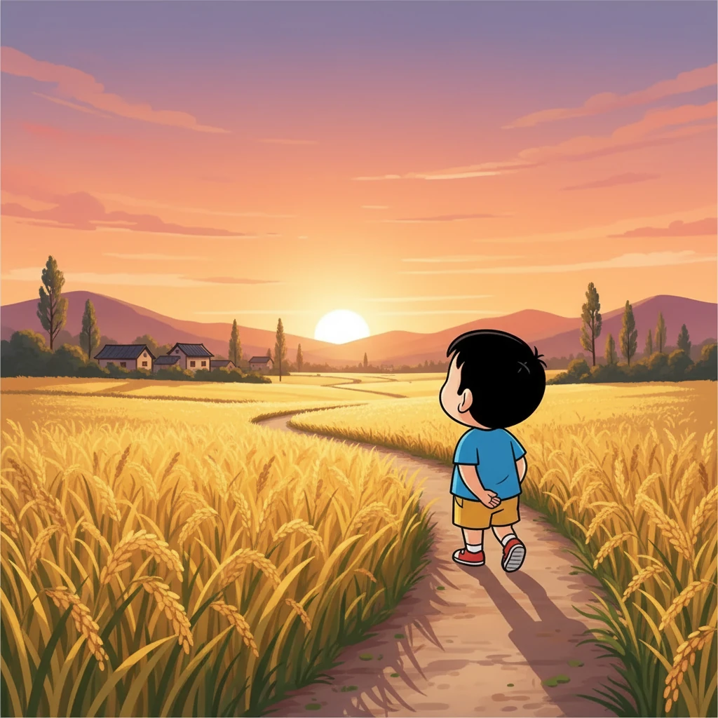 天色渐渐暗下来。夕阳的余晖洒在田野上，染红了天边。小明独自一人走在回家的路上，感受着傍晚的宁静。