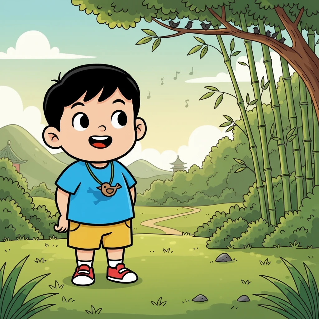 忽然，从远处传来一阵阵清脆的鸟叫声。起初只有几只，声音也细小，像是从很远的地方传来。小明好奇地停下了脚步，循着声音望去。