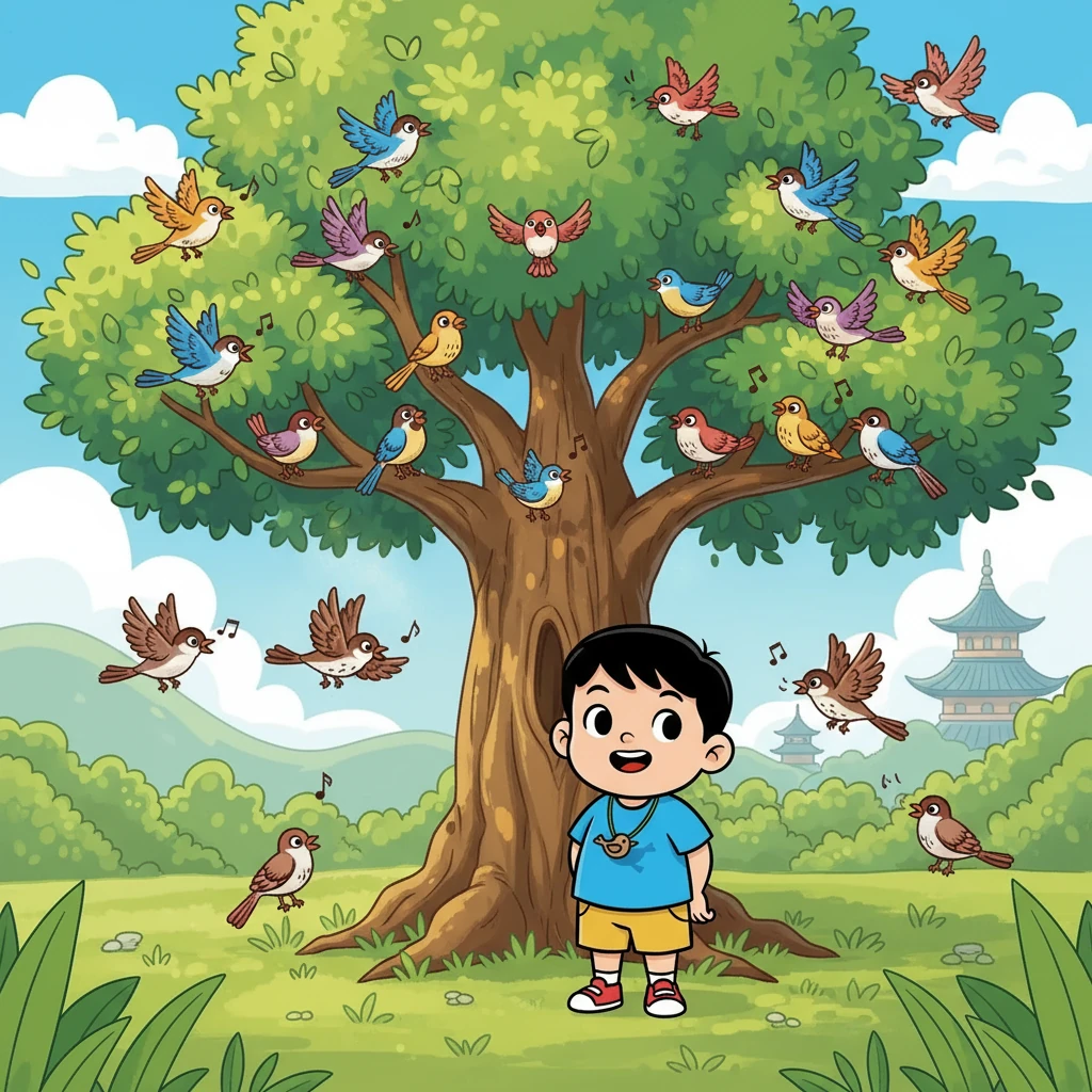鸟儿们从四面八方飞来，落在树上。有的在枝头欢快地歌唱，像是在举行一场热闹的音乐会。小明抬头仰望，眼睛里充满了好奇和惊喜。