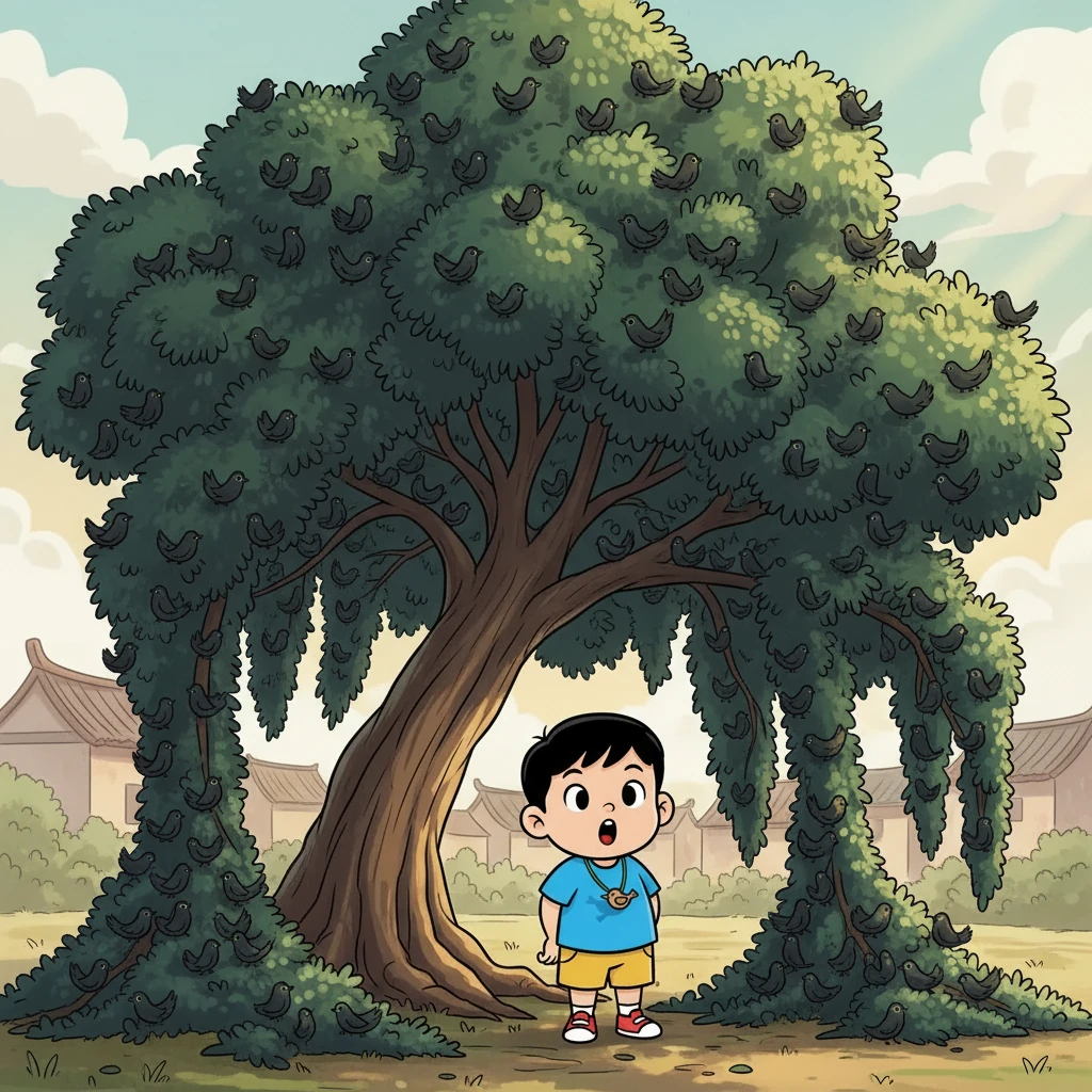 鸟儿越来越多，树枝被压得弯弯的，几乎要触碰到地面。树叶被鸟儿遮住了，原本翠绿的叶子现在却看不见了，只剩下黑压压的一片。