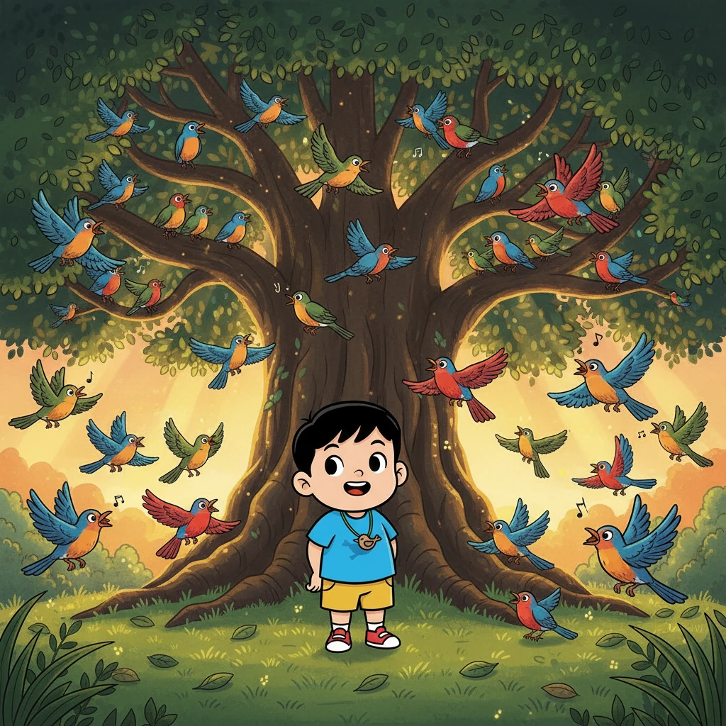 鸟儿们在树上飞来飞去，叽叽喳喳地叫着，仿佛在开一个热闹的晚会。小明被这美丽的景象深深吸引，他从未见过如此壮观的景象。