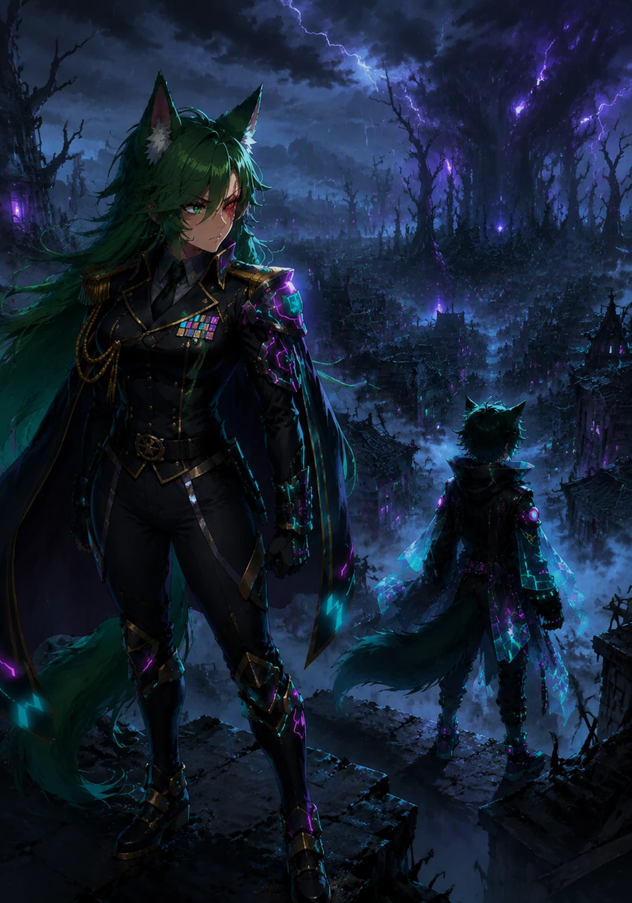 Raven stands at the crumbling edge of a forgotten village, her forest green hair catching the wind as she gazes into the haunted woods. Her fox ears twitch at the sound of distant whispers, and her one remaining eye reflects the heavy burden of a general who has seen too much. Behind her, the village lies in ruins, a silent witness to the encroaching darkness.