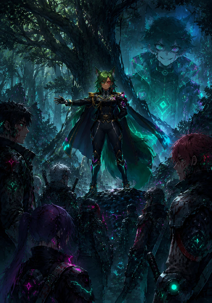 Under the canopy of gnarled, ancient trees, Raven stands before her loyal, battle-scarred troops to prepare them for a journey into the heart of darkness. Each soldier carries the physical and emotional marks of previous wars, yet they look to their fox-eared leader with a devotion that transcends their shared fear. They are the only shield left between humanity and James's destructive vision.