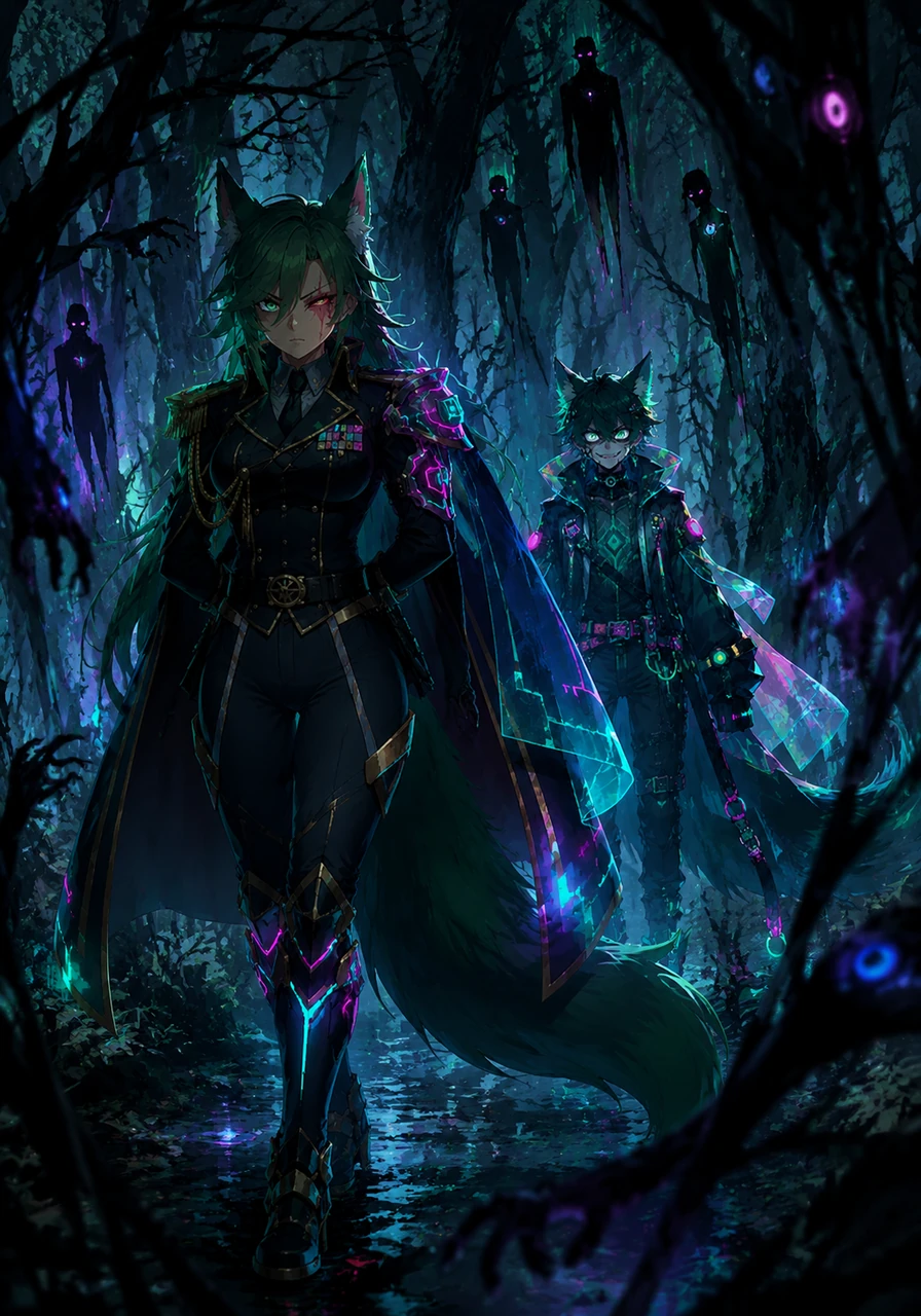 The troop ventures deeper into the ancient woods, where fluttering shadows dance between the trunks and the air is thick with the echoes of long-lost screams. Raven leads the way with her tail held low and her senses sharp, feeling the forest itself trying to peel back the layers of her resolve. Every step through the supernatural gloom feels like a descent into a living nightmare.