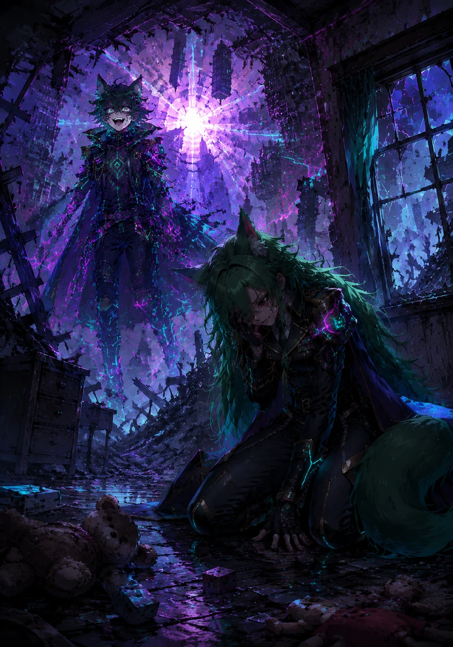 The world shatters in a blinding flash as the magic bomb detonates, warping reality into a fragmented landscape of ruins and abandoned dreams. Raven awakens in the skeletal remains of their childhood home, where the only sound is the lingering echo of James’s laughter. She is left alone in a loop of time, forever haunted by the weight of the world’s loss and her brother’s tragic madness.
