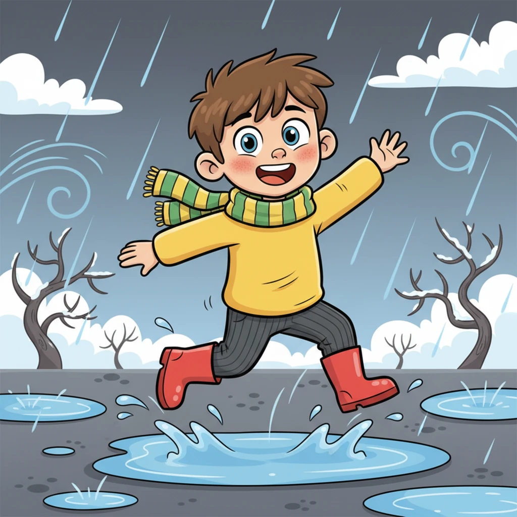 Un après-midi d'hiver, Tom, sans son manteau, défie la pluie et le vent glacial pour jouer dehors. Il éclabousse joyeusement les flaques d'eau, le visage rougi par le froid, insouciant du temps maussade.