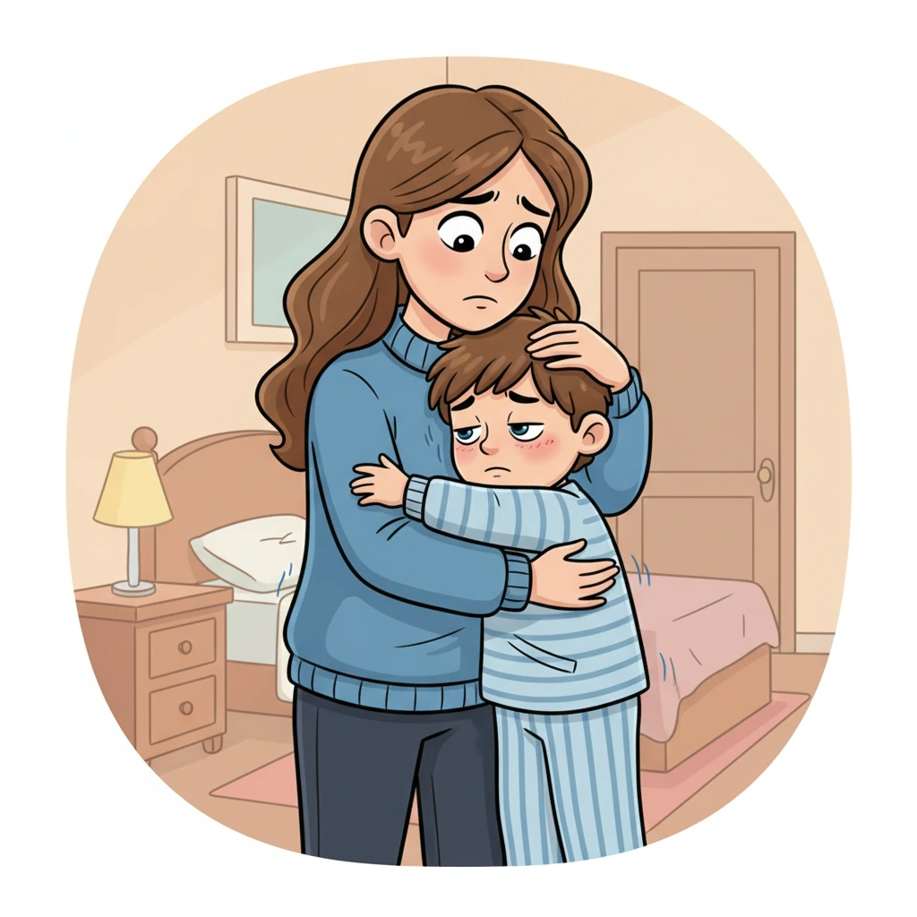 Le soir même, Tom est pris de frissons et brûle de fièvre. Sa maman, le front plissé d'inquiétude, le serre tendrement avant de l'emmener d'urgence à l'hôpital. Le petit garçon se sent tout faible et fatigué.