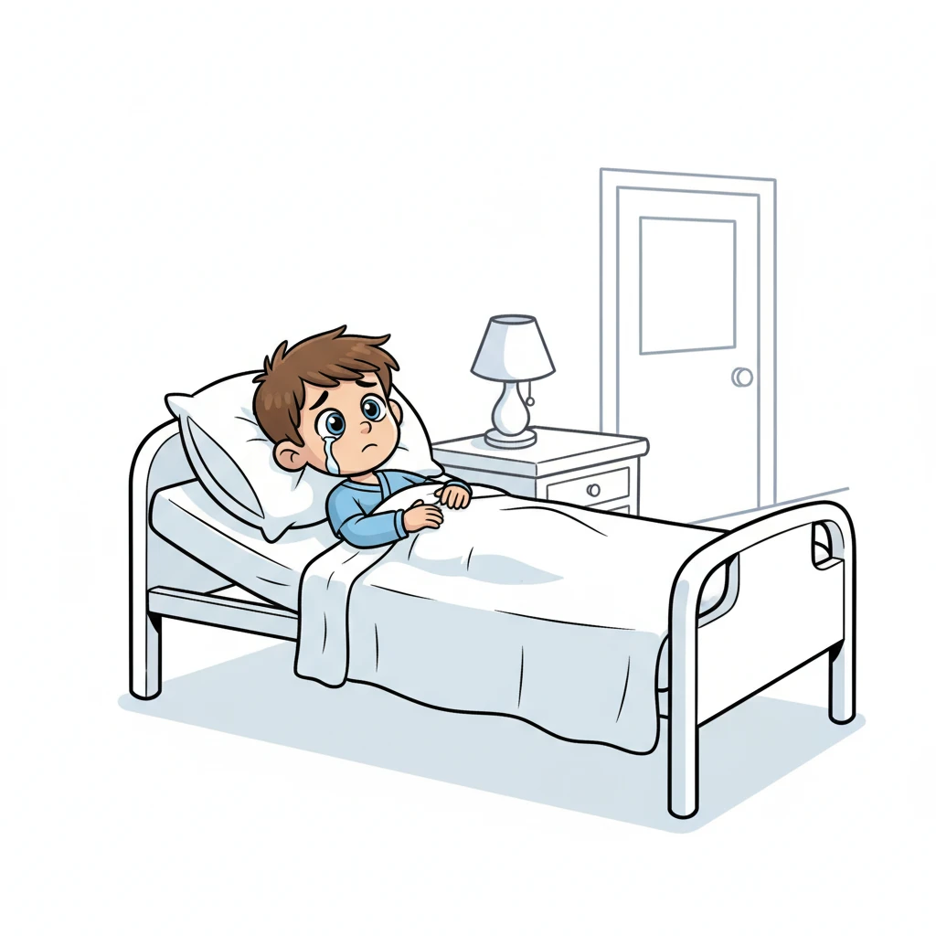 À l'hôpital, Tom est allongé dans son lit, l'air triste et seul. Une petite larme roule sur sa joue, il s'ennuie de sa maman et se sent tout petit dans cette grande chambre blanche.