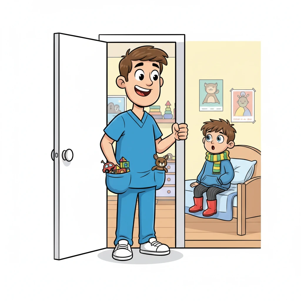 Soudain, Toc, toc, toc ! La porte s'ouvre sur Léo, un infirmier au sourire si grand qu'il illumine la pièce. Il porte une blouse bleue avec des poches pleines de trésors et des baskets blanches silencieuses.