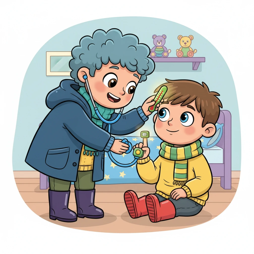 Léo s'approche de Tom avec douceur, expliquant chaque geste. Il utilise son stéthoscope pour écouter le cœur de Tom, puis un thermomètre rigolo pour sa fièvre. Un petit oxymètre lumineux apparaît sur son doigt, comme une lumière magique.