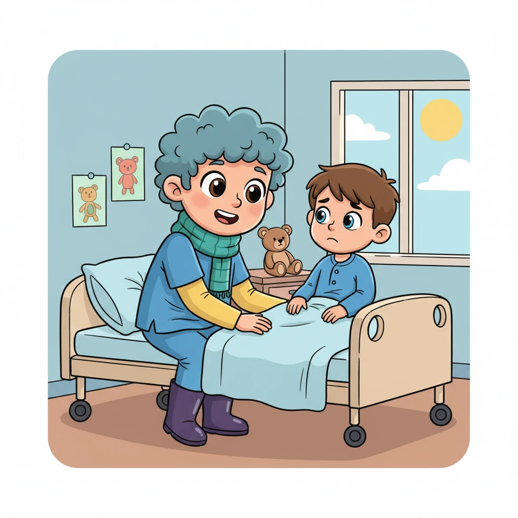 Inquiet, Tom demande à Léo : « Est-ce que je vais guérir ? » L'infirmier s'assied au bord du lit et lui répond avec un sourire rassurant : « Bien sûr ! Je suis là pour veiller sur toi. »