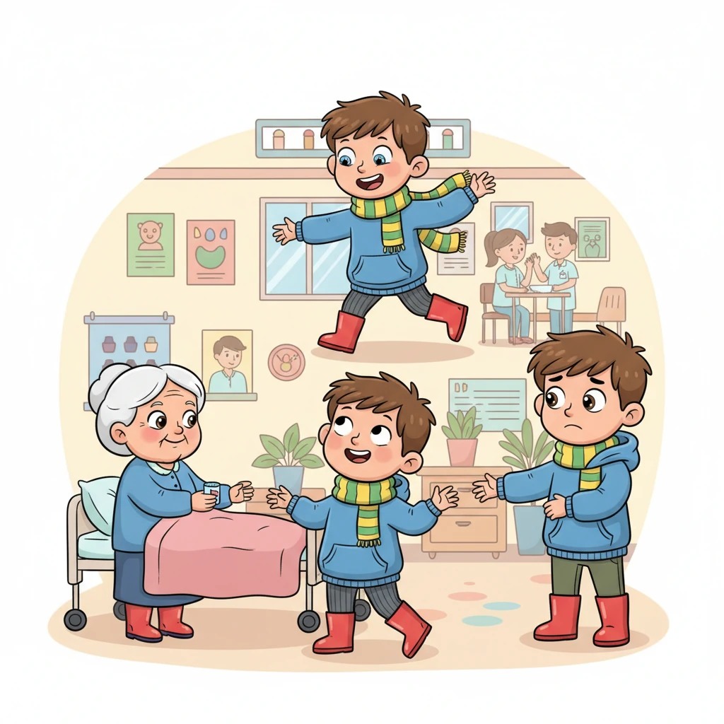 Pendant le reste de la journée, Léo court partout dans l'hôpital, aidant tout le monde. Il donne des médicaments aux mamies, raconte des blagues aux enfants malades et réconforte les parents inquiets, son cœur débordant de compassion.