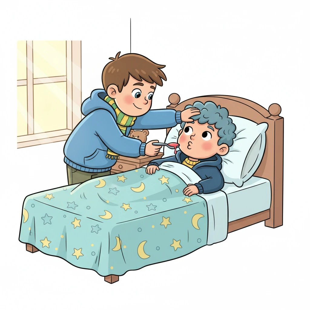 Léo revient auprès de Tom et pose sa main toute fraîche sur son front : « Tu es un peu chaud. » Il redresse Tom, tapote son oreiller pour le rendre tout doux, puis lui donne une petite cuillère de sirop à la fraise. Tom prend le médicament avec une moue amusée.