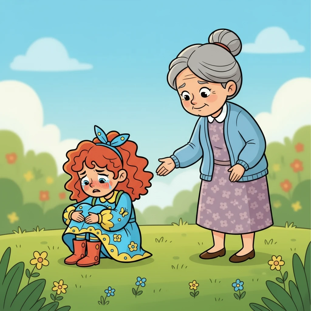 Frustrada, Luna sentou-se na grama, com as bochechas coradas e os olhos marejados. Ela murmurou para si mesma: “Elas nunca vão confiar em mim…” A vovó, com um sorriso gentil, aproximou-se.