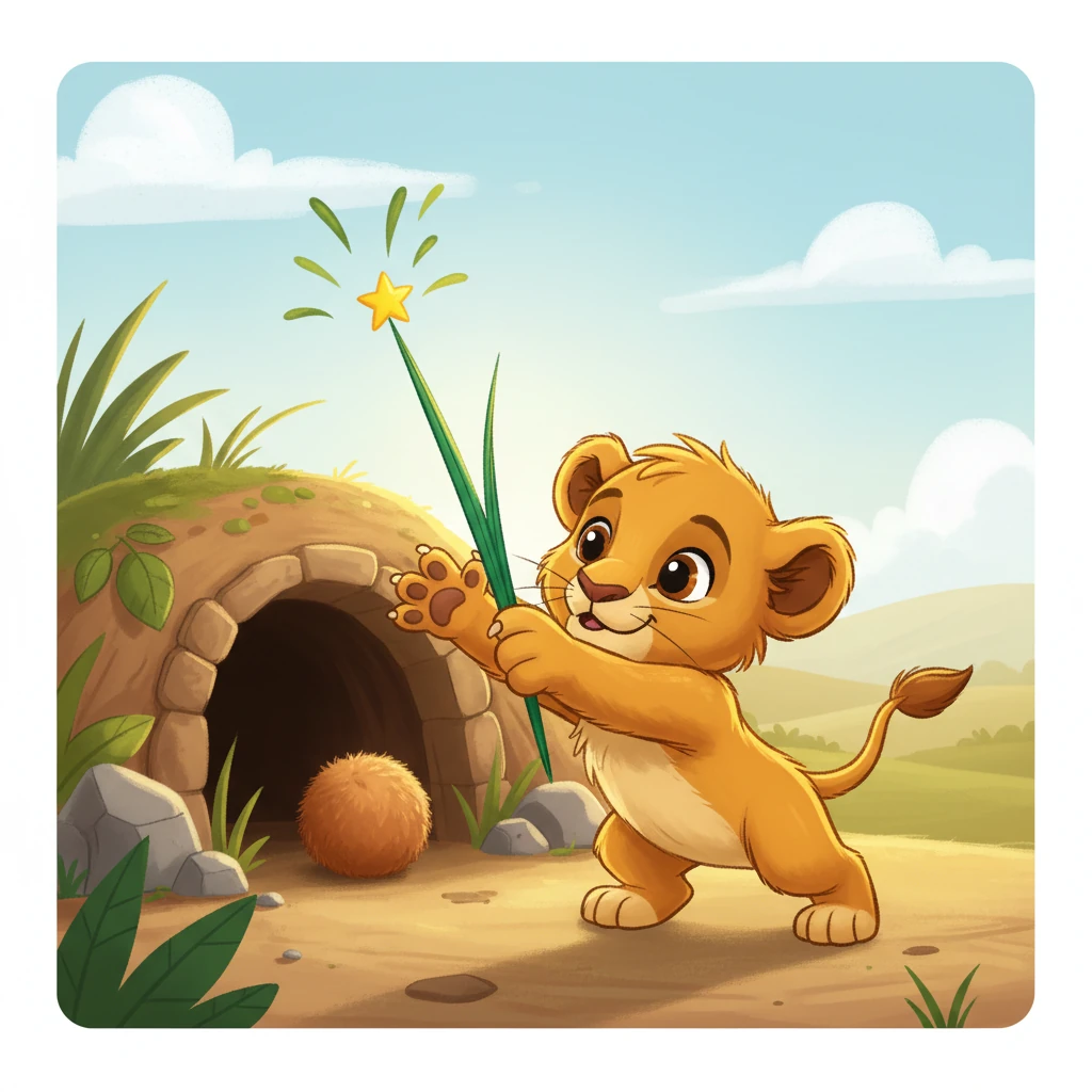 One sunny morning, a curious little lion cub named Leo woke up in his cozy den. He stretched his paws and blinked his big, bright eyes, wondering what amazing things he would discover today. The world outside looked so big and full of secrets!
