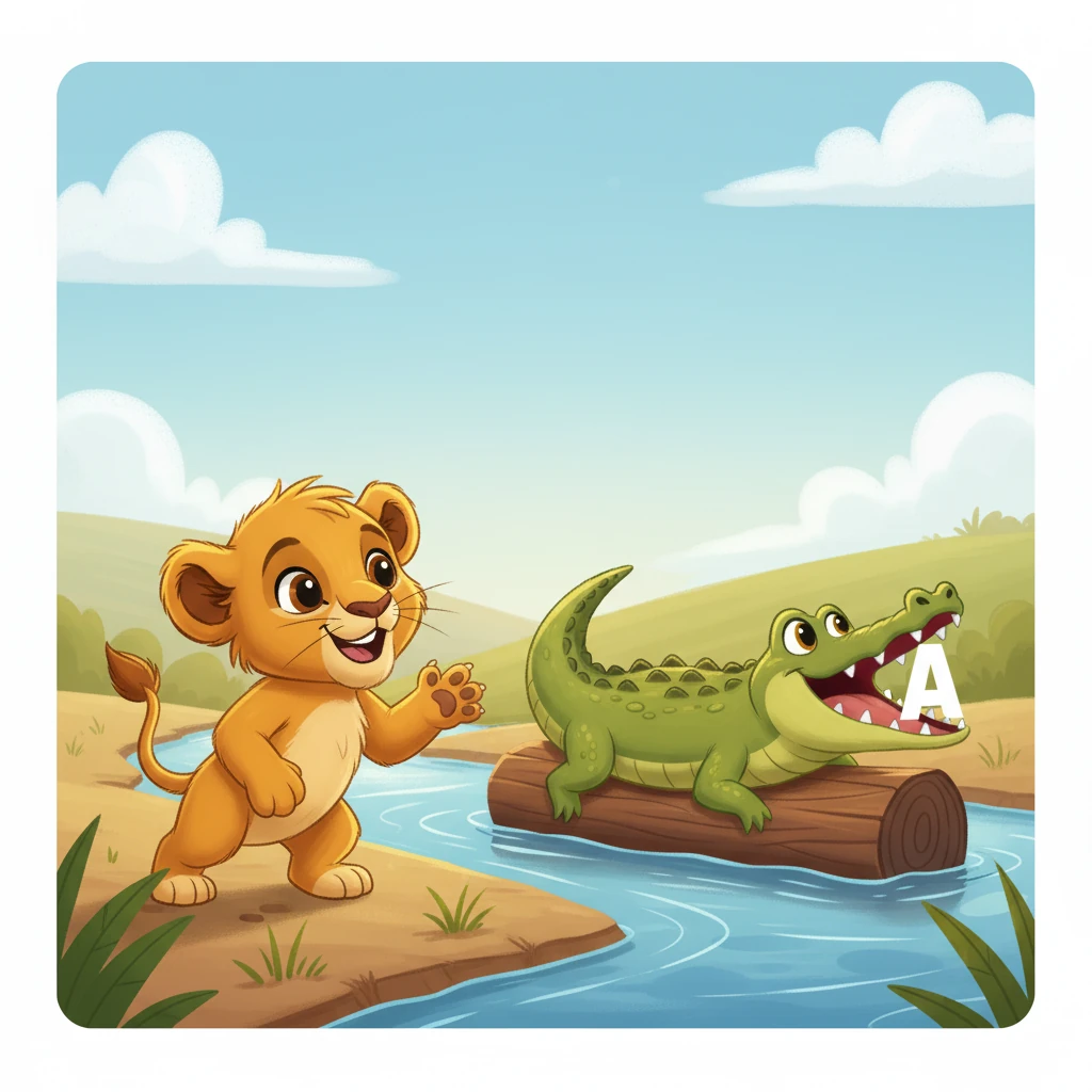 Leo padded softly to a shimmering river, where he saw ONE slippery green Alligator sunbathing on a log. The Alligator slowly opened its mouth, showing Leo the big, friendly letter 'A'. Leo giggled, excited by his first discovery.