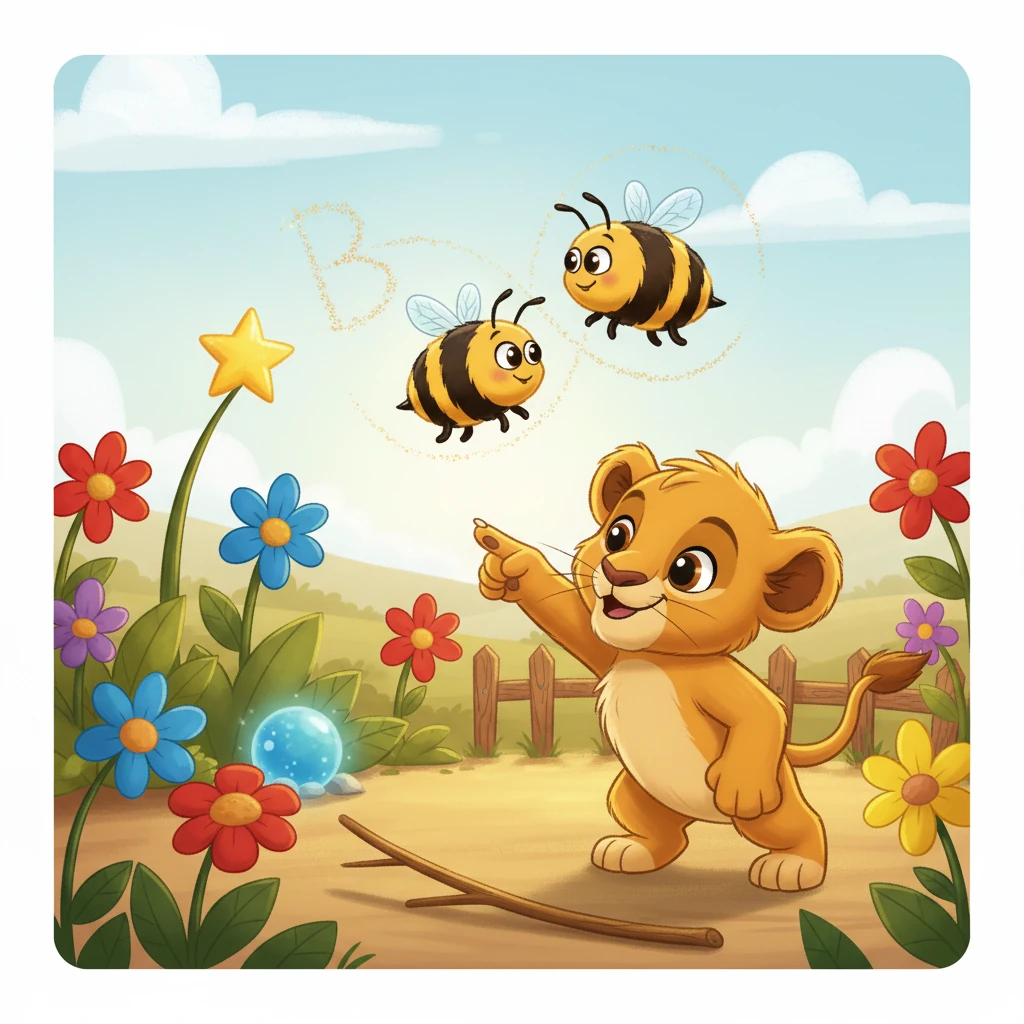Further along, Leo spotted TWO busy Bumblebees buzzing around a patch of colorful flowers. They flew in loops and dives, showing him the curvy shape of the letter 'B' with their flight path. Leo watched them dance, marveling at their energy.