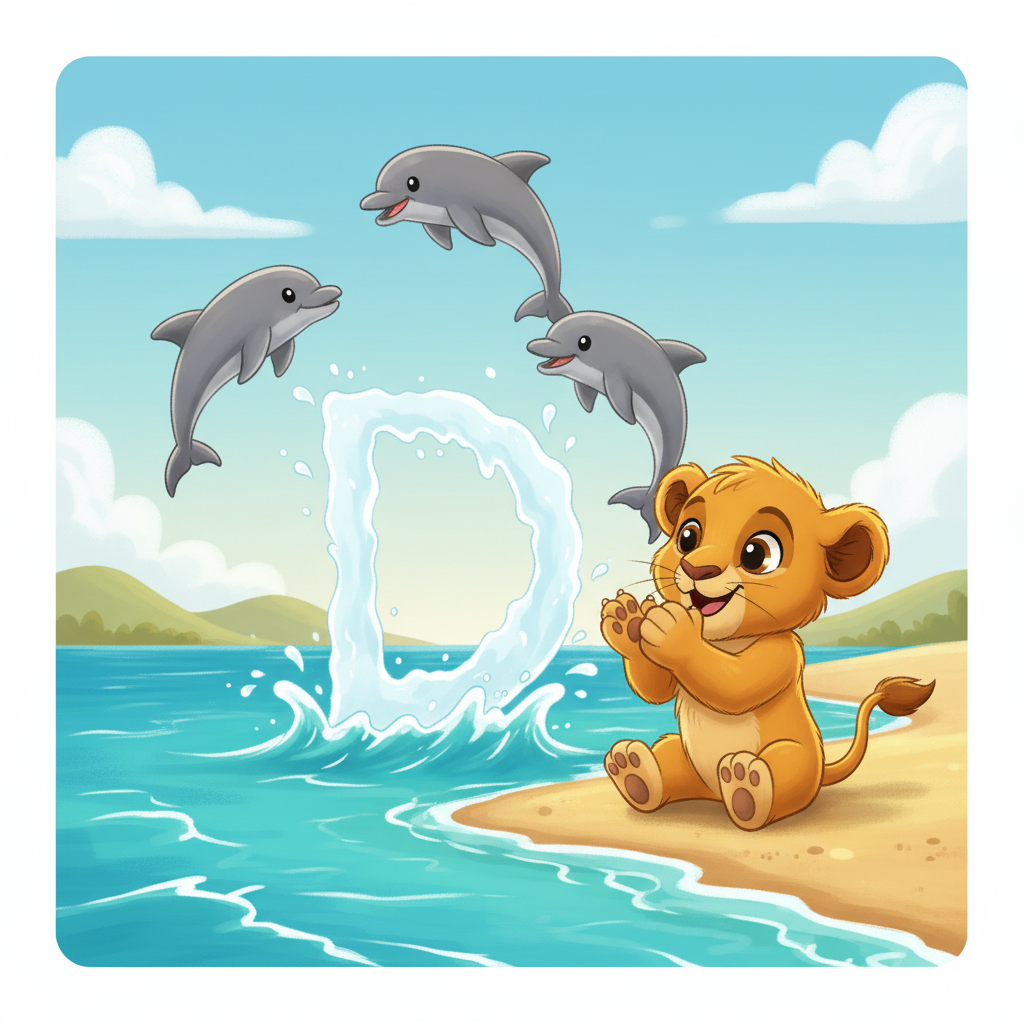 Near the sparkling blue ocean, Leo saw FOUR playful Dolphins leaping and splashing in the waves. With a mighty jump, they created a magnificent splash that looked just like the letter 'D'. Leo clapped his paws with delight.