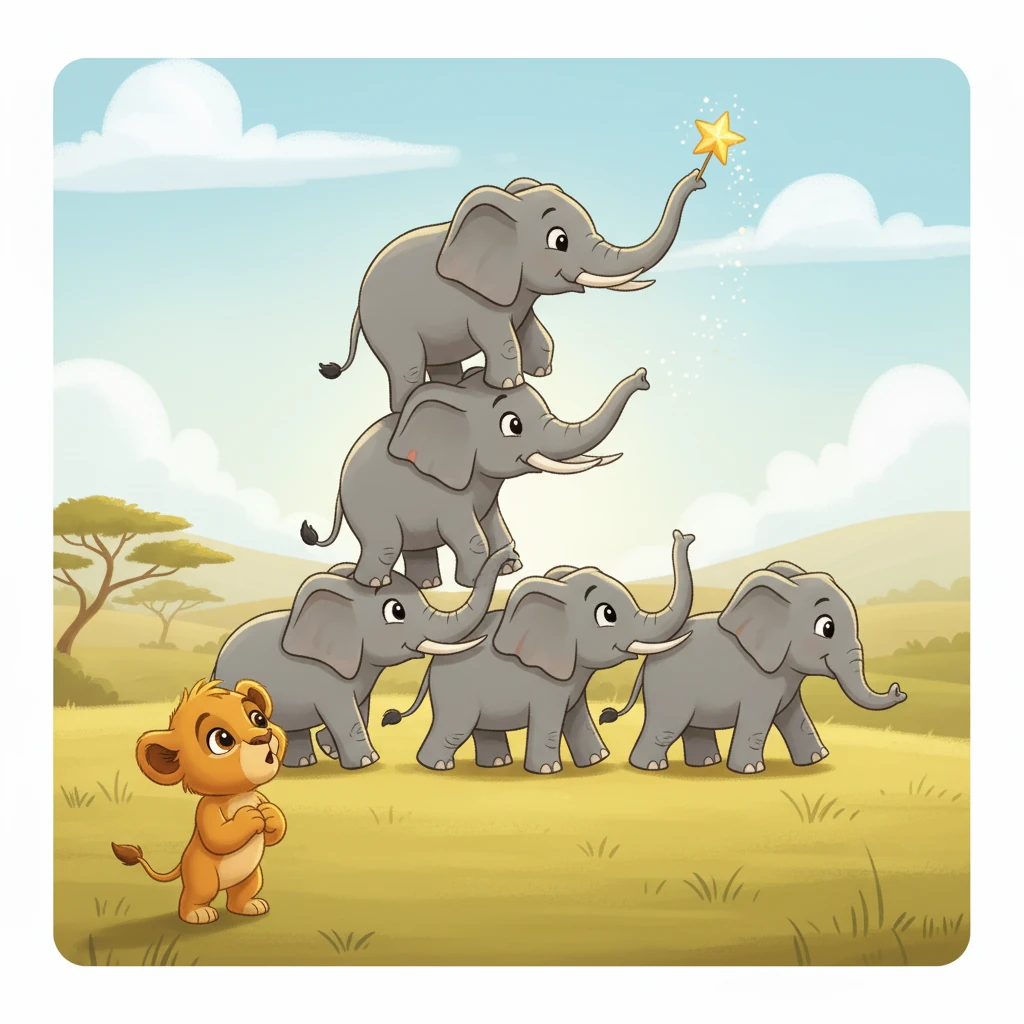On the wide, grassy savanna, Leo watched FIVE majestic Elephants marching in a line. Their long, gentle trunks swayed and curled, elegantly forming the grand letter 'E'. Leo felt tiny next to these gentle giants.