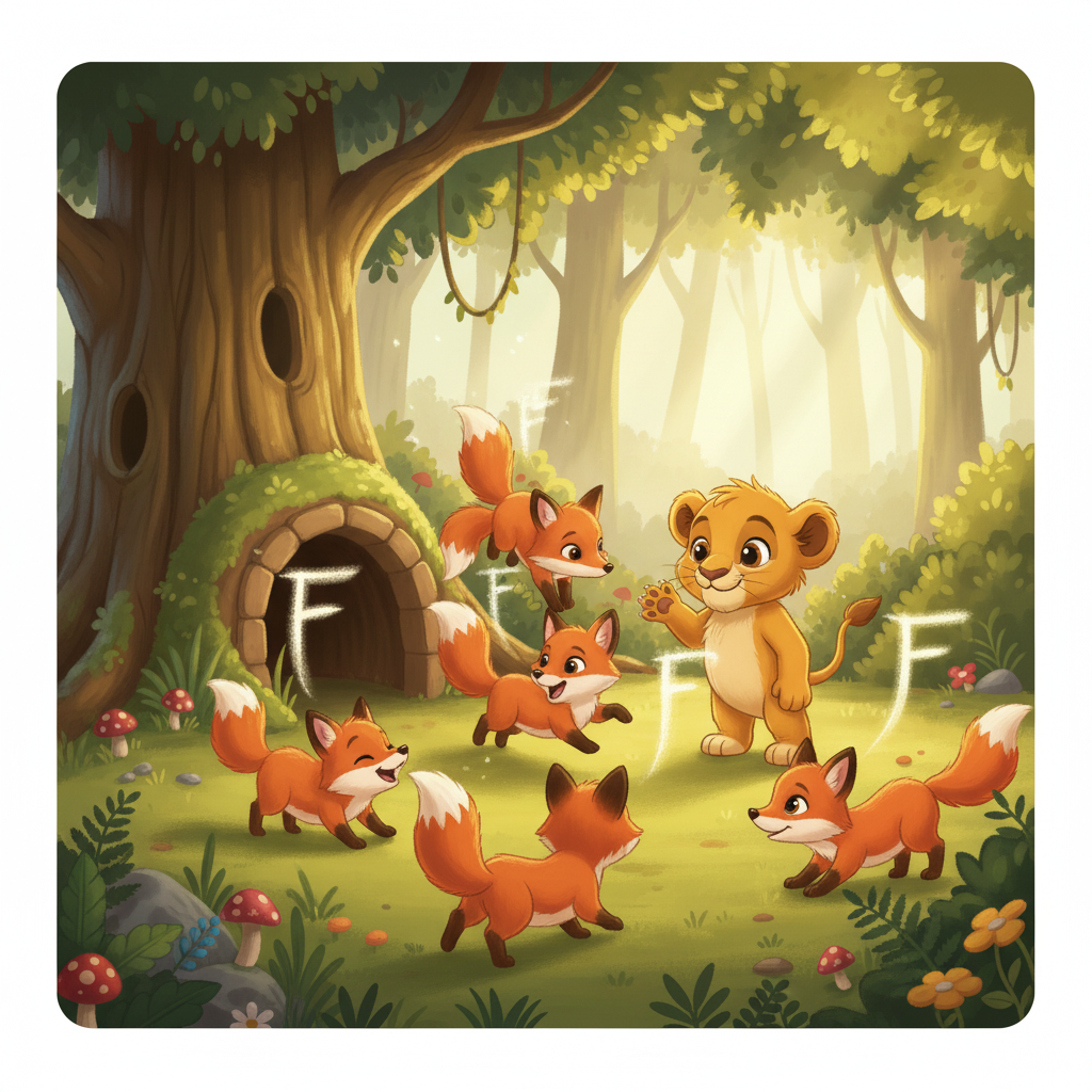 Deep in the forest, Leo discovered SIX fluffy Foxes tumbling and playing near their cozy den. They chased each other, their bushy tails swishing to draw the letter 'F' in the air. Leo wished he could join their playful games.