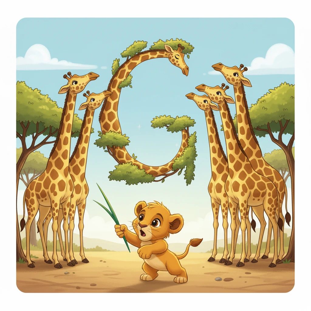 Looking up at the tall acacia trees, Leo saw SEVEN graceful Giraffes munching on the highest leaves. Their long, spotted necks stretched and bent, naturally curving into the tall letter 'G'. Leo had never seen such a magnificent sight!