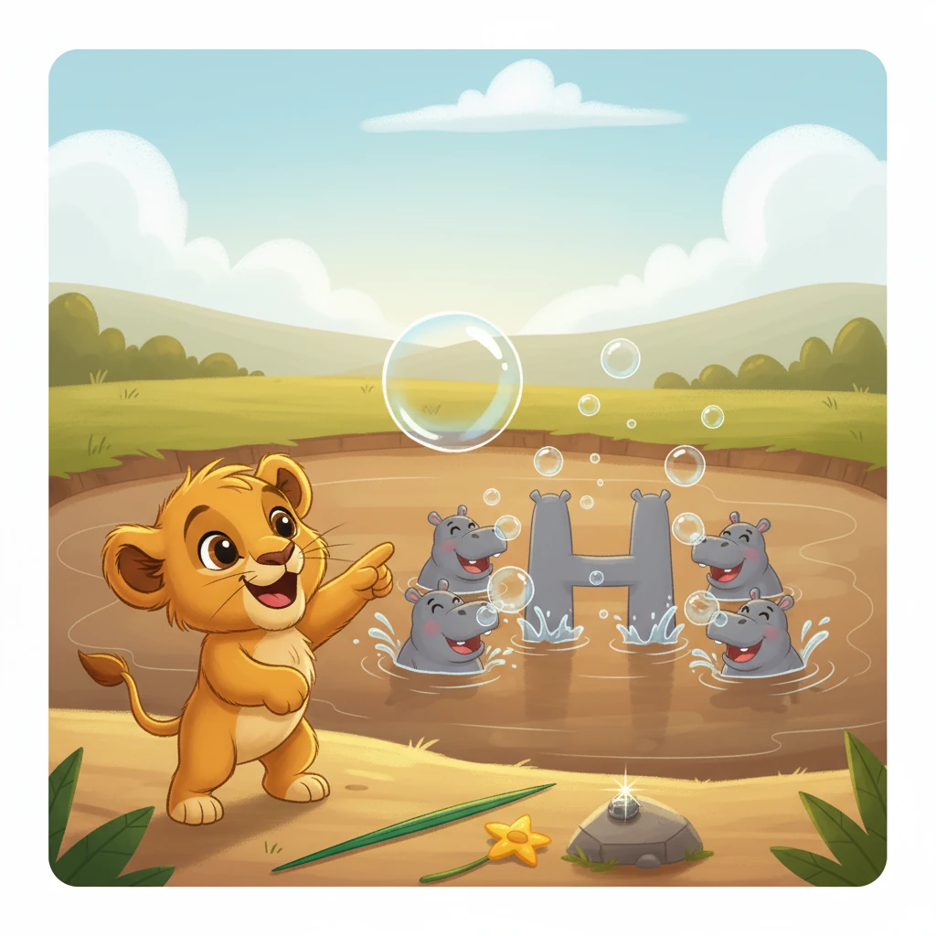 By a cool, muddy pond, Leo met EIGHT happy Hippos splashing and rolling in the water. They blew big bubbles and made funny noises, creating a shape that looked exactly like the letter 'H' with their big, round bodies. Leo couldn't help but smile.