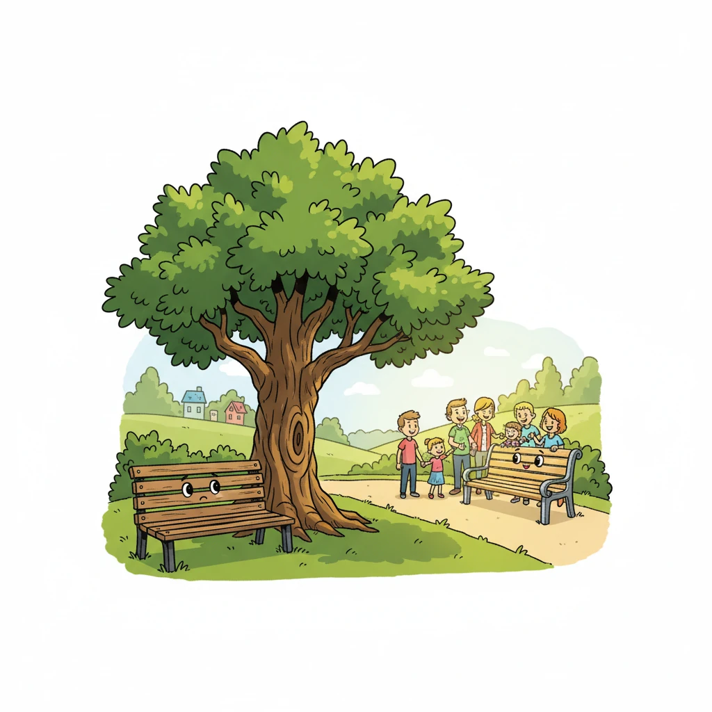 One day, a shiny new, modern bench arrived in the park, gleaming brightly. Bennie was gently moved to a quiet, often overlooked corner, feeling a little sad and lonely as the bustling park life continued without it.