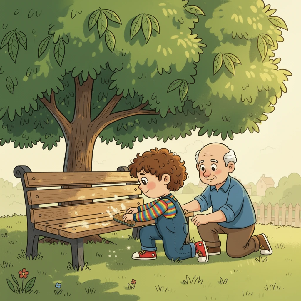 In Lila's backyard, Bennie underwent a wonderful transformation. Lila and her Grandpa lovingly sanded away the old, chipped paint, then brushed on cheerful new colors, making Bennie look vibrant and brand new.
