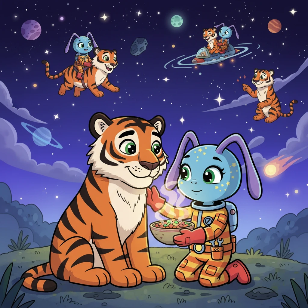 Gigi, with a gentle touch, comforted Stripes. She brought him food and they began to share stories under the starlight. Soon, their differences faded, and they became the best of friends, embarking on countless adventures together, laughing and sharing secrets, inseparable companions.