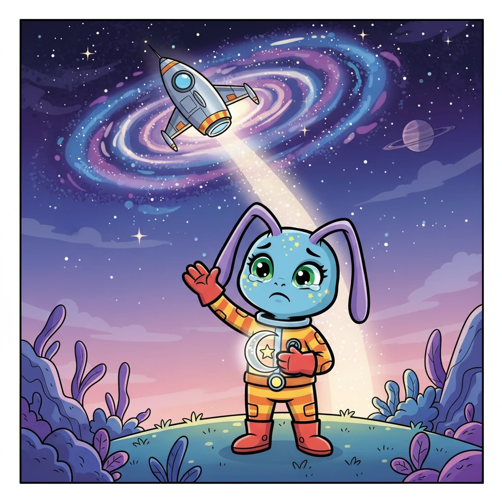 One day, Stripes' spaceship was repaired, and he had to return to his home planet. Gigi understood, but her heart ached with sadness. She waved goodbye as he soared into the cosmos, leaving her alone on Lumina once more, clutching a small, shared keepsake.