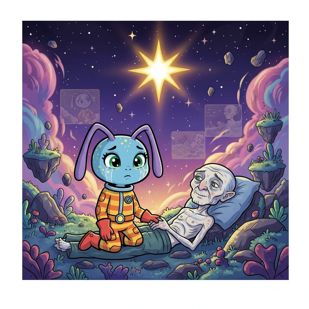 Finally, Gigi reached Stripes' planet. She found him weak, but a smile lit his face. They spent a final day together, reminiscing about their adventures. As the last star of the night rose, Stripes took his final breath, and Gigi, heartbroken but grateful for their time together, knew their bond would forever live on.