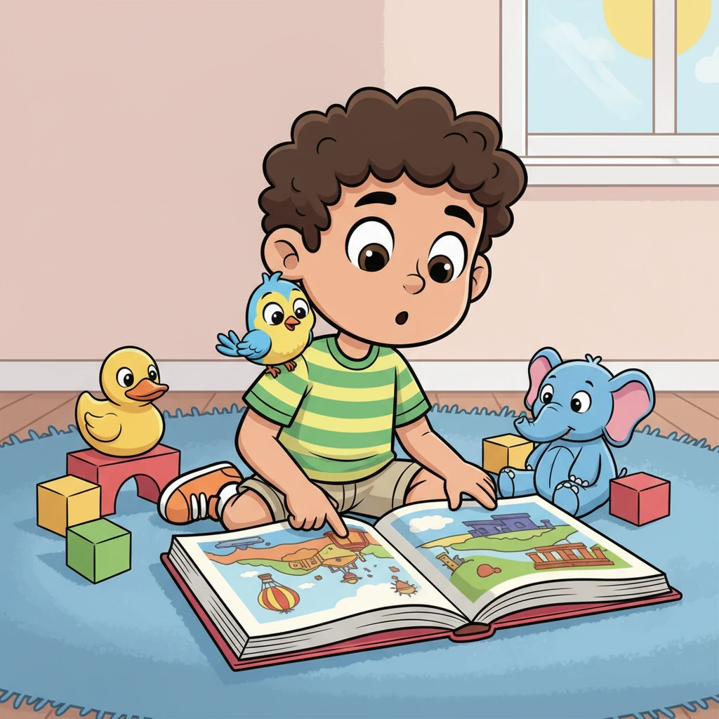 Hussein, a little boy with wide, curious eyes, sits surrounded by colorful toys, but his gaze is fixed on a big, open book. He points a tiny finger at a picture, wondering about the world beyond his room. A small, friendly bird perches on his shoulder, equally intrigued.