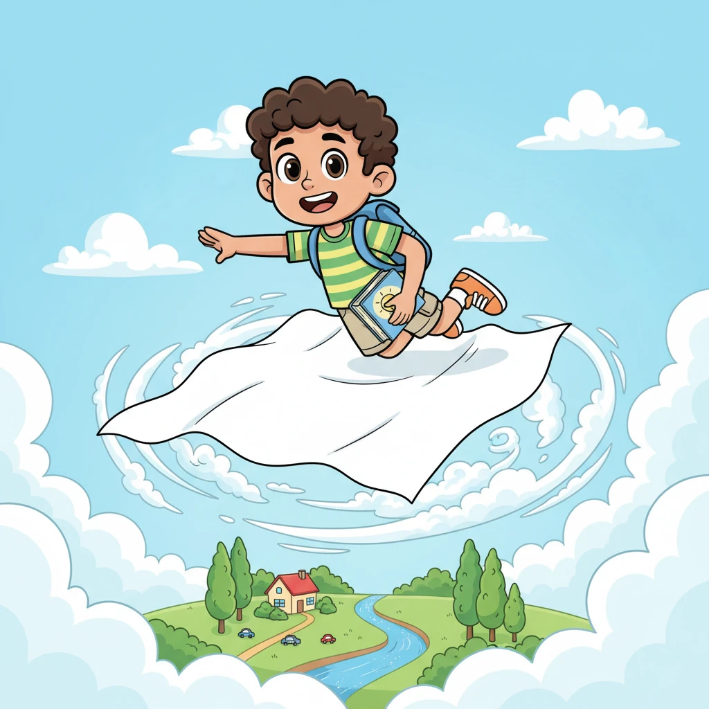 Hussein dreams of flying high above his house, seeing all the fascinating things on the ground below. He imagines zooming past tall trees and sparkling rivers, eager to understand how everything works. His imagination makes his bedsheets look like fluffy clouds.