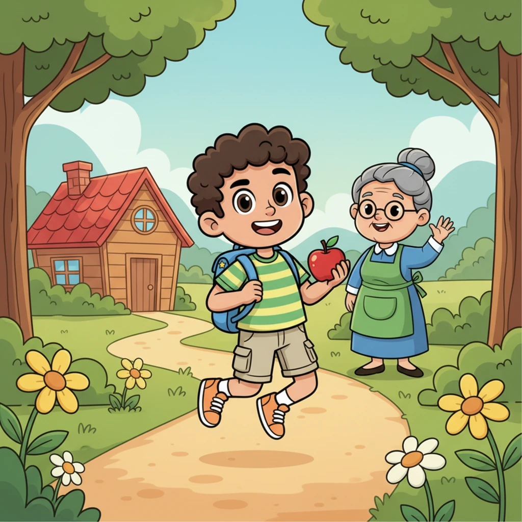 The next morning, Hussein excitedly packs a small backpack, ready for his first big learning adventure. His friendly grandma waves goodbye, handing him a shiny red apple for energy. He skips down a sun-dappled path, a determined smile on his face.