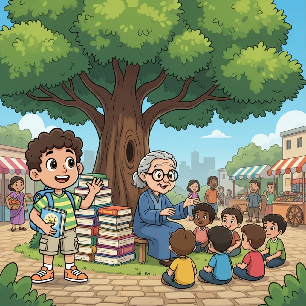 Hussein arrives at a bustling village square, filled with friendly faces and intriguing sights. He spots a wise old librarian with stacks of colorful books, sharing stories under a giant, shady tree. Hussein's eyes sparkle with anticipation.