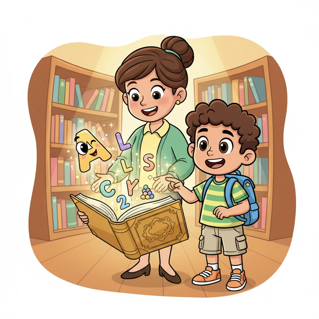 The librarian shows Hussein a magical book filled with letters that dance and numbers that hop. Hussein traces the shapes with his finger, amazed at how they combine to form words and count objects. He giggles as a friendly letter 'A' winks at him.