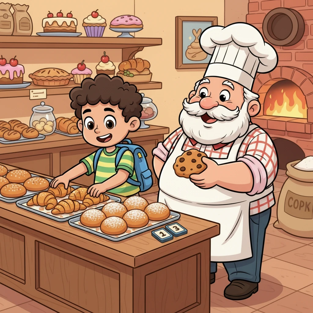 Empowered by his new knowledge, Hussein helps a baker count his delicious pastries, carefully arranging them in neat rows. The baker beams with pride, offering Hussein a warm, crumbly cookie as a thank you. Numbers suddenly seem so much fun!