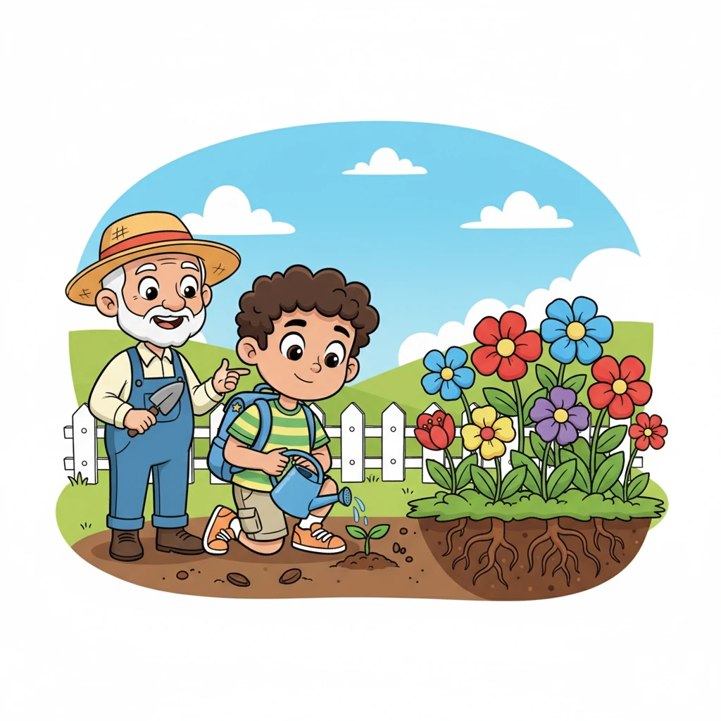 Next, Hussein meets a cheerful gardener tending to a vibrant flower patch. The gardener teaches him how tiny seeds grow into tall, beautiful plants with roots deep in the earth. Hussein carefully waters a small sprout, feeling a connection to nature.