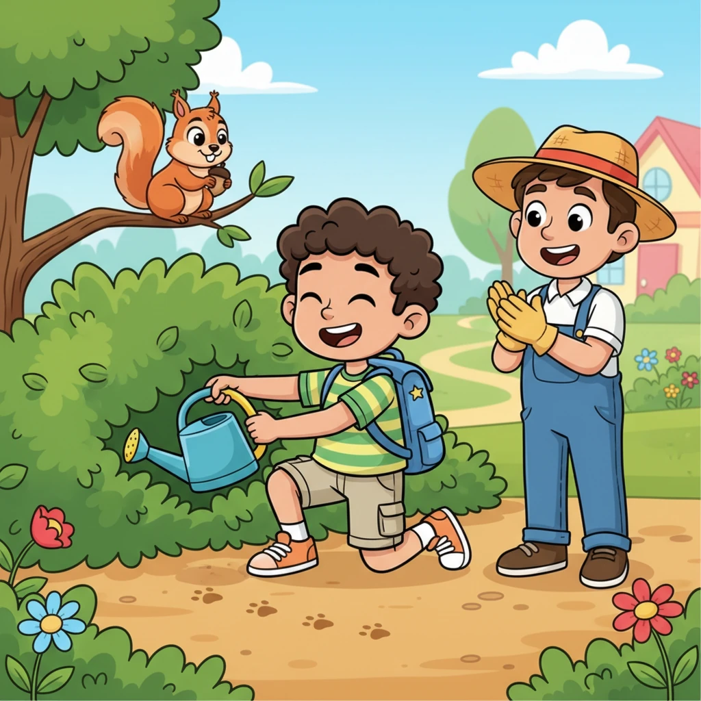 A playful squirrel has hidden the gardener's watering can! Hussein, remembering his lesson about following clues and observing, spots tiny paw prints leading to a nearby bush. With a triumphant grin, he retrieves the can, making the gardener clap with joy.